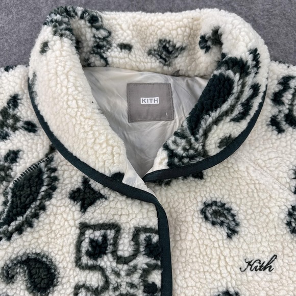 Kith Pinehurst Sherpa Fleece Jacket Men Large White Paisley Snap Bomber Kith Kin - Picture 2 of 12